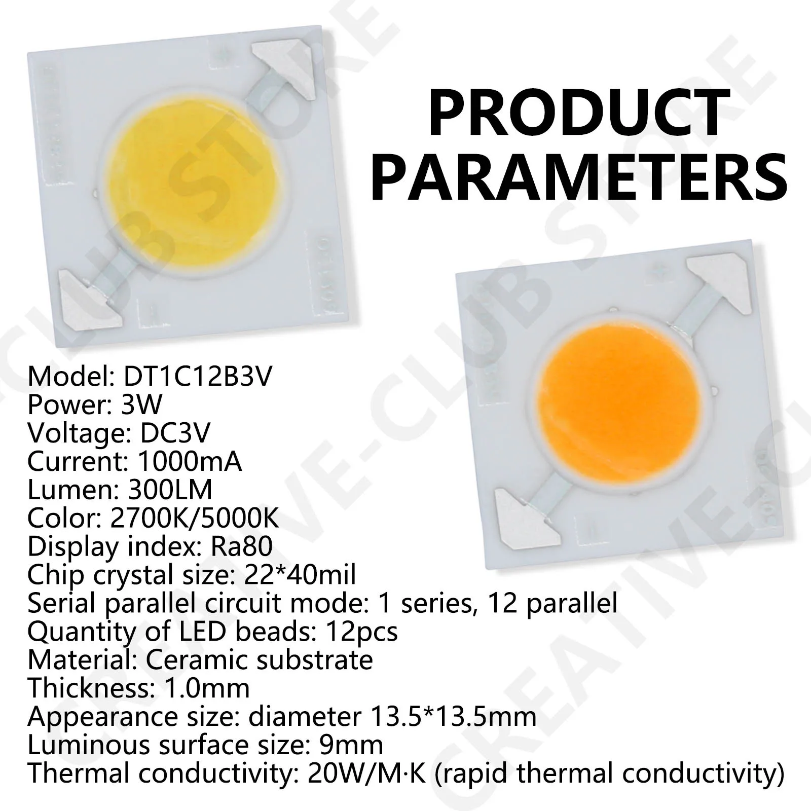 Base de cerámica, 10 Uds., Chip LED COB con soporte, 3W, DC3V, 1000mA, 2700K, 5000K, fuente de luz de superficie para reflector, foco de luz descendente - imagen 4
