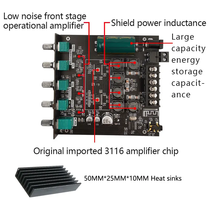ZK-TB21 50WX2 + 100W TPA3116 Módulo amplificador de potencia Digital Bluetooth de 2,1 canales DC 12 ~ 24V Subwoofer de tono alto y bajo - imagen 3