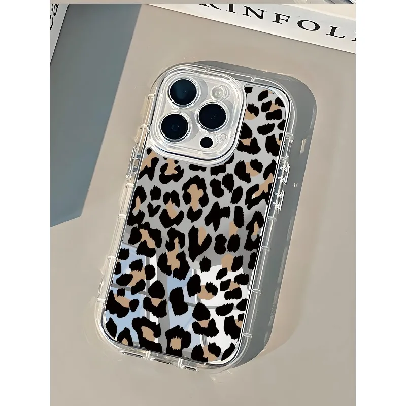 Funda de teléfono con espejo y estampado de leopardo clásico ins para iPhone AIR 11 12 13 14 15 16 17Pro Max Plus anillo de lente anticaída