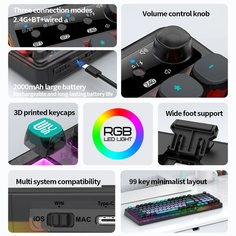 XUNSVFOX K98 teclado inalámbrico Bluetooth para juegos 99 teclas gradiente teclas tres modos RGB efecto de iluminación e-sports juego Oficina - imagen 4