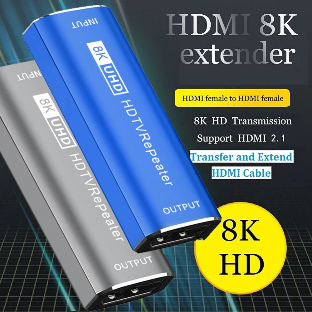 Amplificador de señal 8K Compatible con HDMI, adaptador extensor hembra a hembra de 30M, 4K, 60Hz, Conector de extensión de Cable 2,1