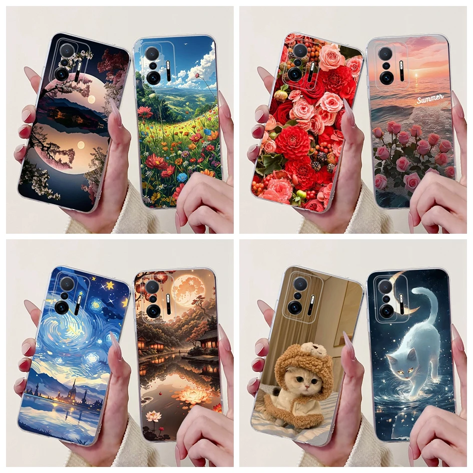 Para Xiaomi 11T Pro funda hermosa flor suave silicona transparente TPU cubierta protectora trasera para Xiaomi 11T Mi 11T Mi11T Pro bolsa de teléfono