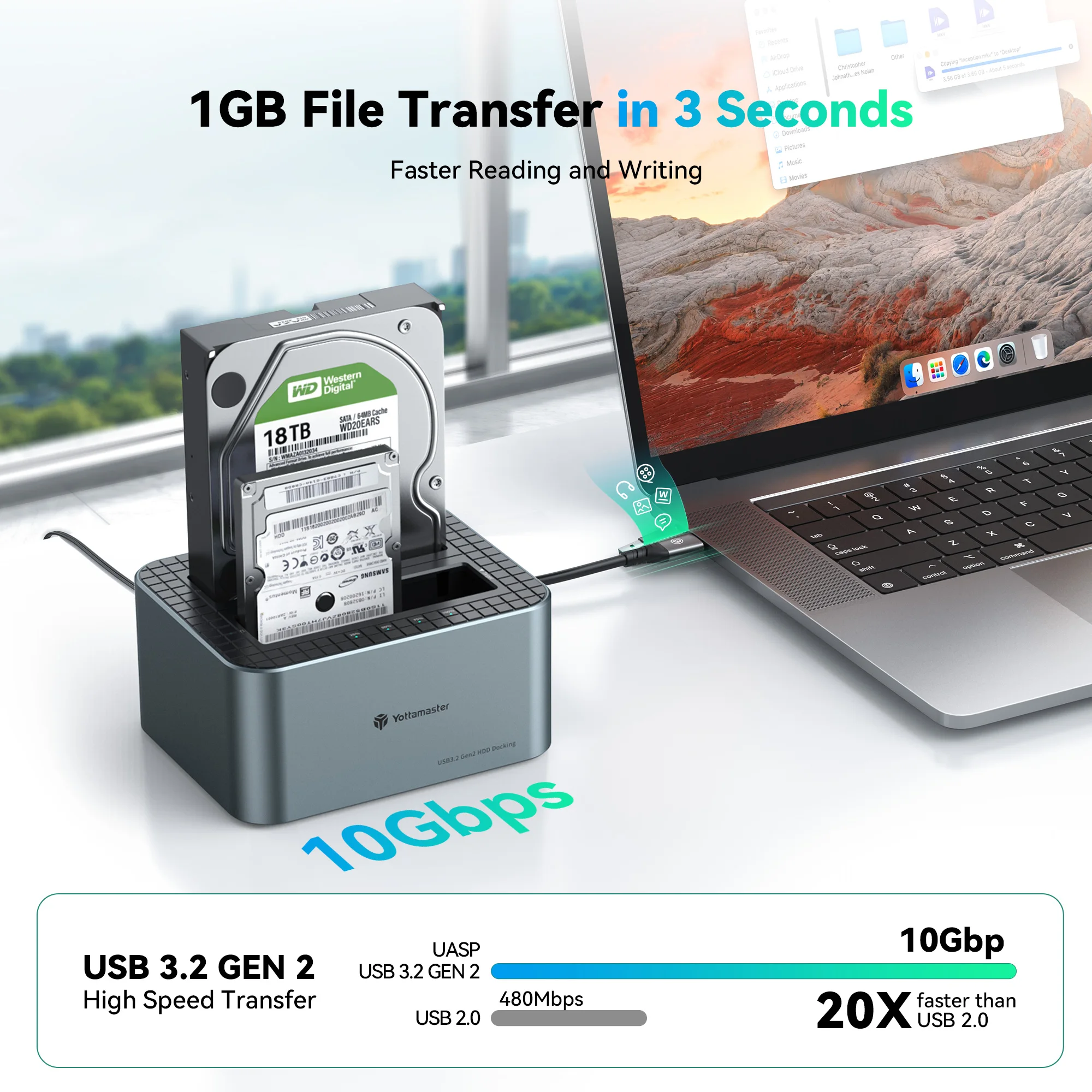 Yottamaster-estación de acoplamiento para disco duro USB 3,0, tipo C, doble bahía, SATA, HDD, estación de acoplamiento con clon sin conexión para HDD SSD de 2,5/3,5 pulgadas - imagen 5