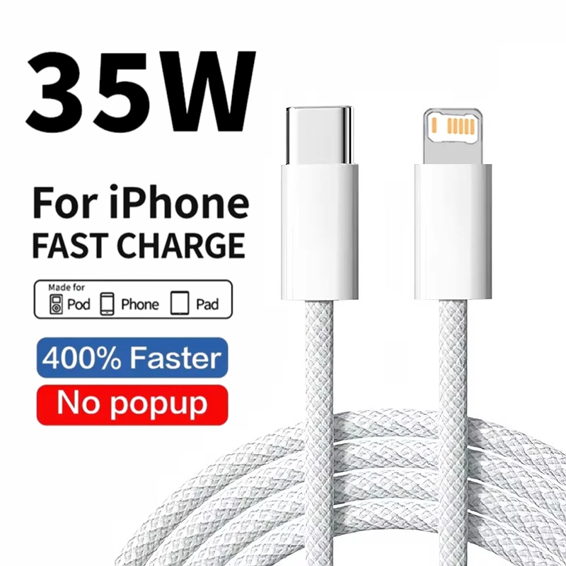 Cable PD de carga rápida trenzado de nailon de 35W para iPhone 13 14 Pro Max 11 12 Mini X XR XS Max 8 Plus SE USB-C Cables de datos de teléfono 1m 2m - imagen 5