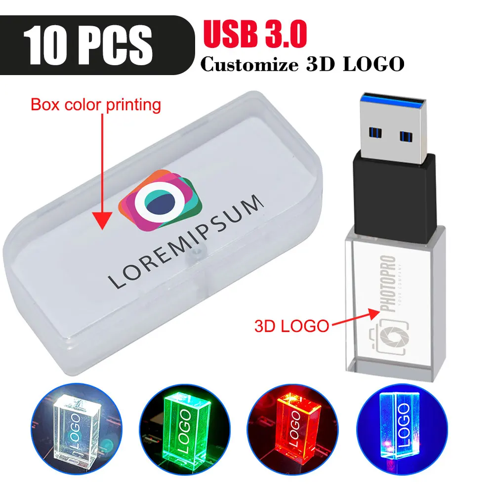 Unidad Flash USB 3,0 con cristal LED, 4GB, 8GB, 16GB, 32GB, 64GB, 128GB, regalos de fotografía, memoria con logotipo de color gratis, 10 Uds.