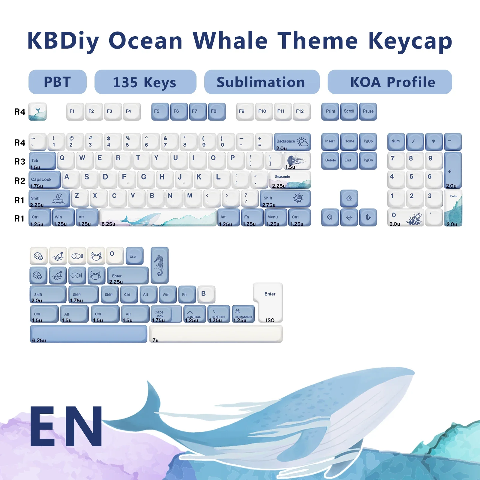 KBDiy 135 teclas/juego de teclas bonitas de ballena oceánica PBT para teclados mecánicos para jugar perfil KOA ISO MAC tapa de tecla para K500 GMK67 61 - imagen 2