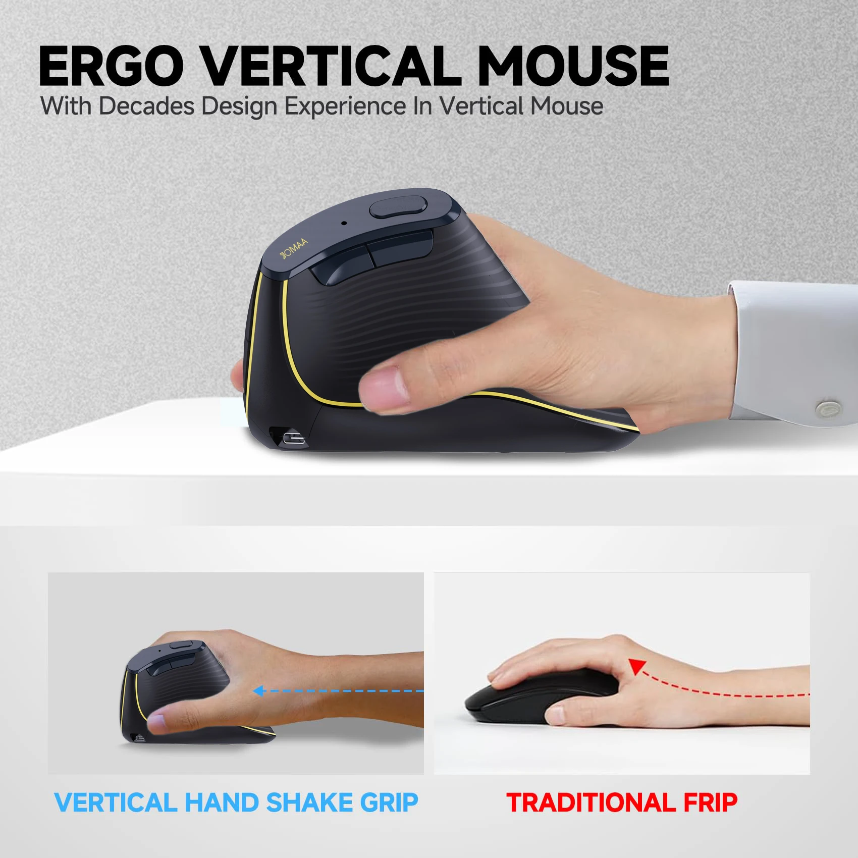 Jomaa Ratón ergonómico de mano derecha Disparo de muñeca reducido Ratón inalámbrico vertical Bluetooth con rodillo de velocidad para computadora portátil ipad - imagen 5