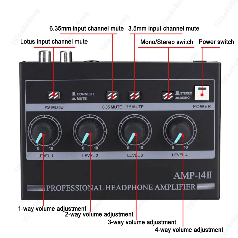 Amplificador de auriculares profesional de 4 canales compatible con amplificador de audio mono/estéreo con entrada RCA y 3,5 mm y 6,35 mm para estudio y escenario - imagen 4