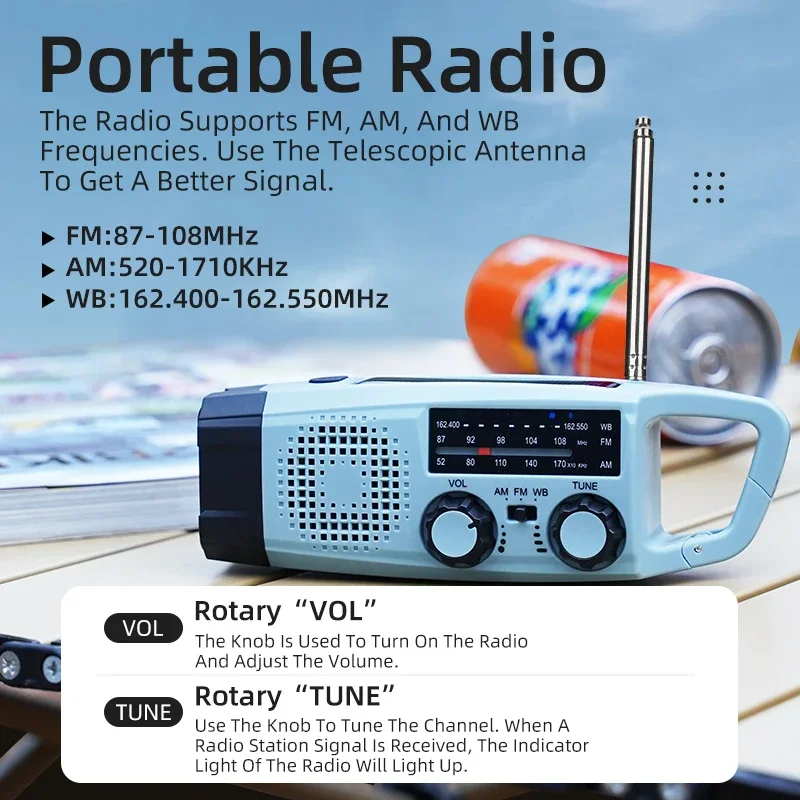 Prevención de desastres de emergencia multifuncional, Radio de emergencia de 2000mAh, alertas meteorológicas AM/FM/WB, linterna LED para huracanes - imagen 4