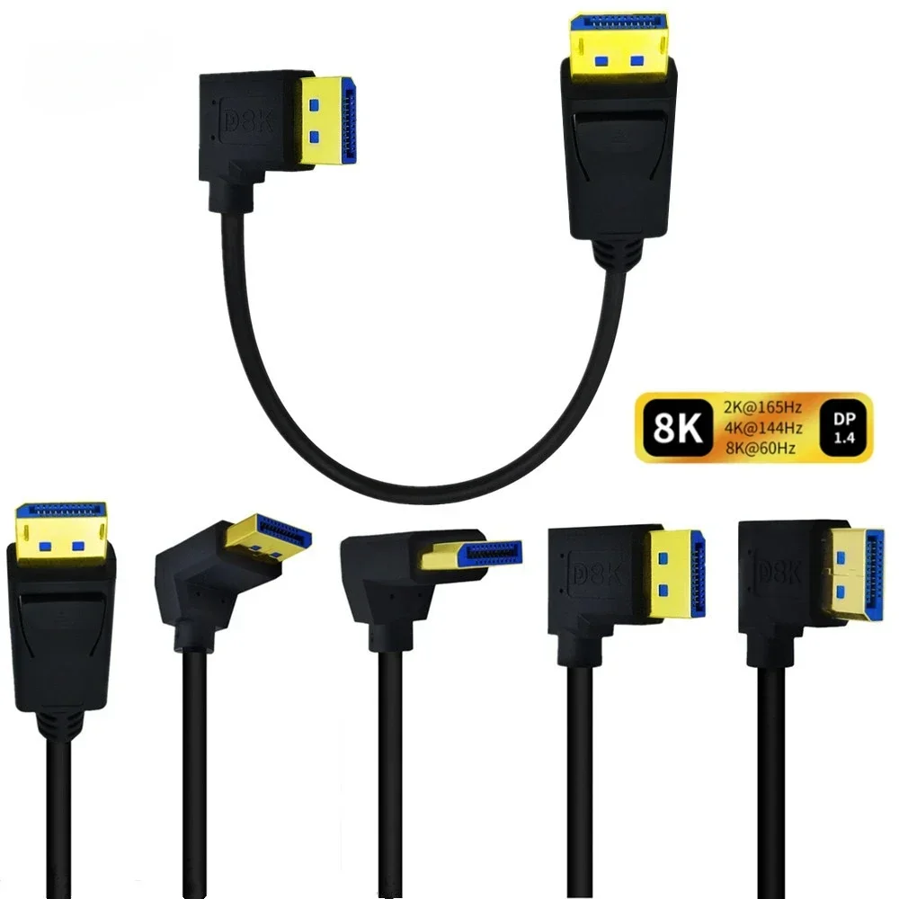 Cable DisplayPort DP 1,4 en ángulo de 90 grados 8K @ 60Hz 4K @ 144Hz HDR puerto de pantalla de alta velocidad 32,4 Gbps macho a Displayport macho 0,3 M