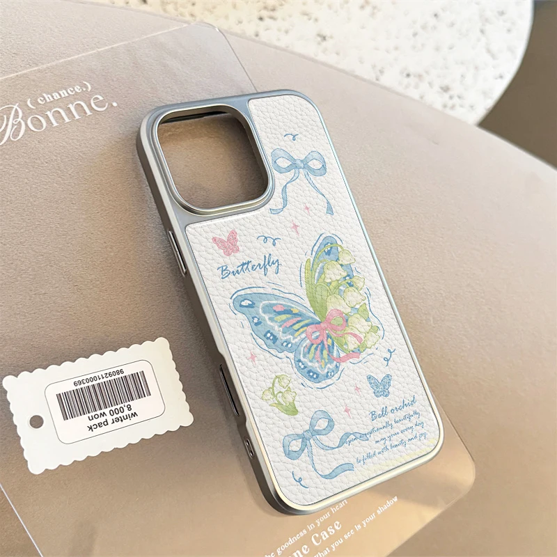 Funda de teléfono con mariposa azul para iPhone 11/12/13/14/15/16/17 Pro Max AIR PLUS, funda de teléfono epoxi con textura de cuero TPU