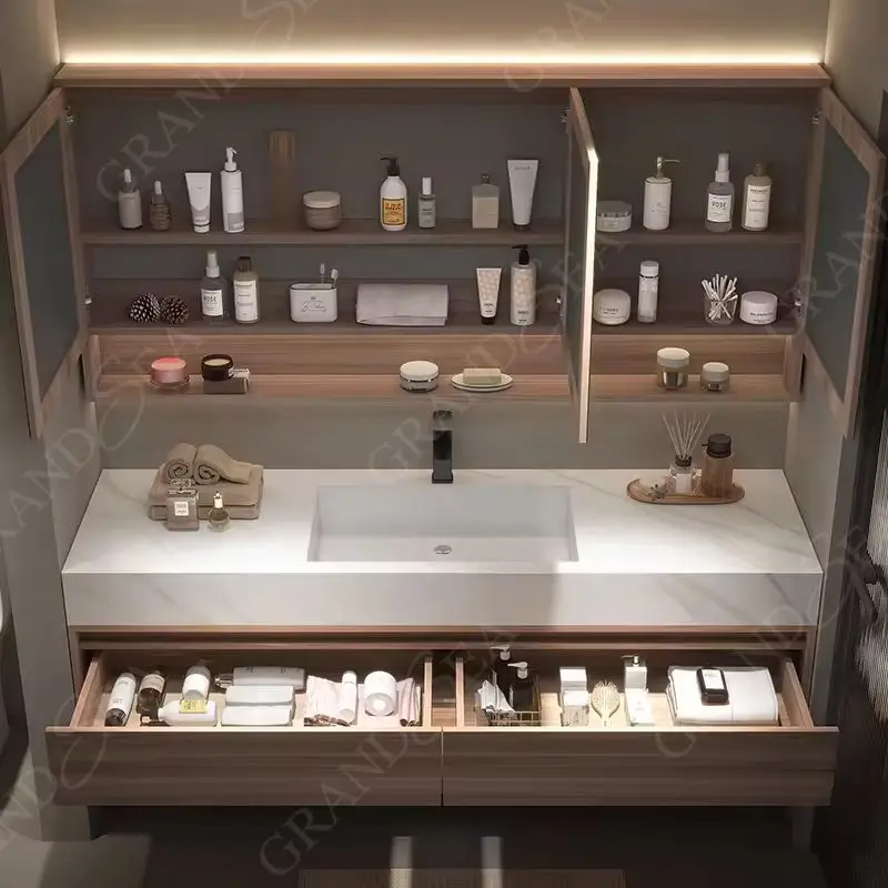 Modern Wood Granite Modern Small Bathroom Vanity Design Mirror Sink Bathroom Furniture Cabinet - imagen 4
