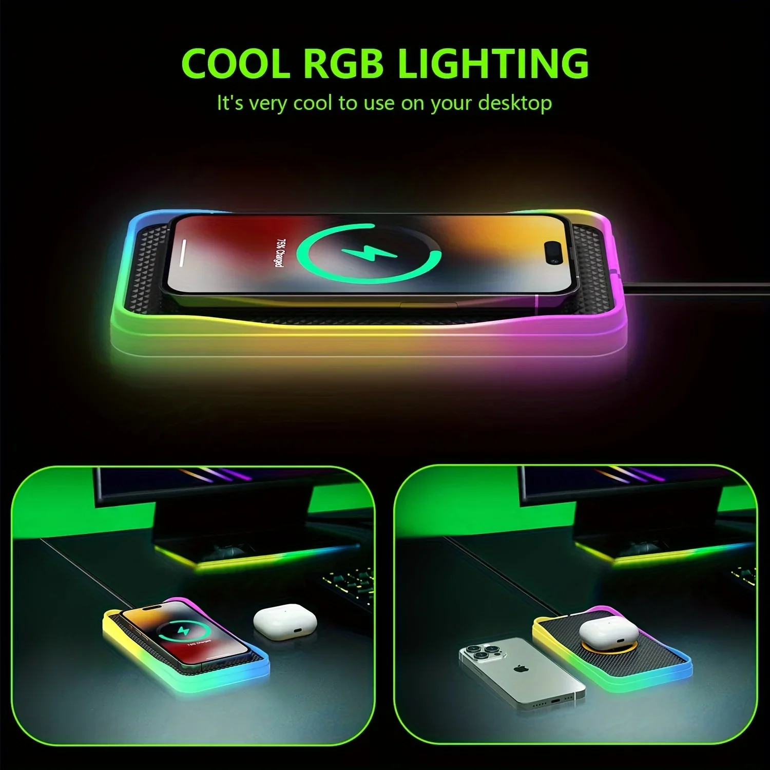 Almohadilla de carga inalámbrica para coche, luz RGB de 30W para iPhone 15, 14, 13, 12, 11, Samsung S23 S22 Xiaomi, USB-A inalámbrico rápido, almohadilla de carga para teléfono - imagen 3
