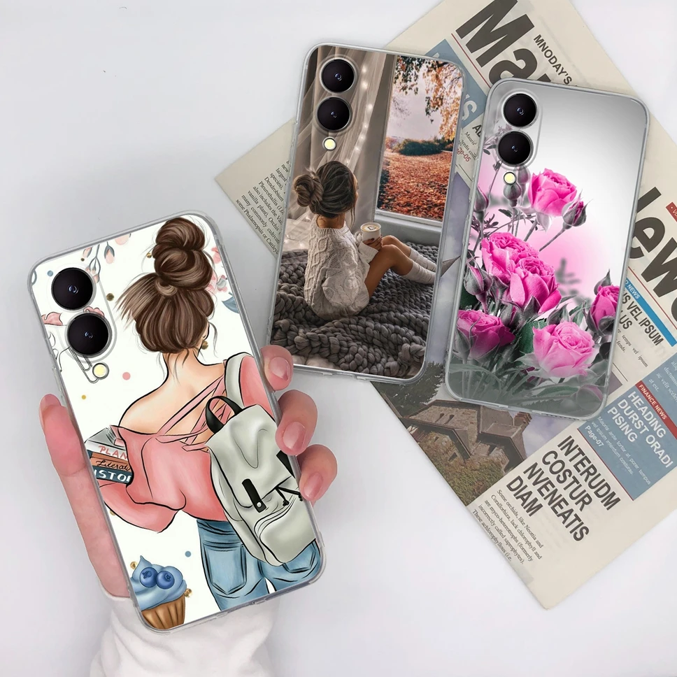 Funda para Vivo Y17 S Y17S Y16 transparente de silicona suave bonitas flores carcasa trasera para VivoY17 Vivo Y 17 Y 16 Fundas Coque
