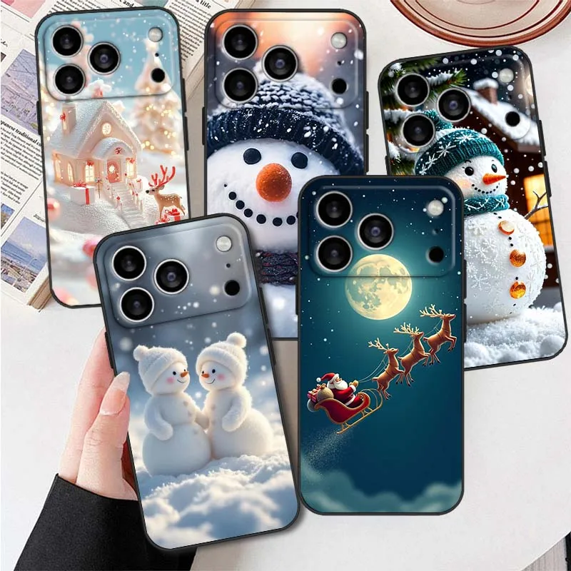 Patrón de muñeco de nieve de invierno para Apple iPhone 17 Air 16e 16 15 14 13 XS X Mini Plus Pro Max funda de teléfono negra