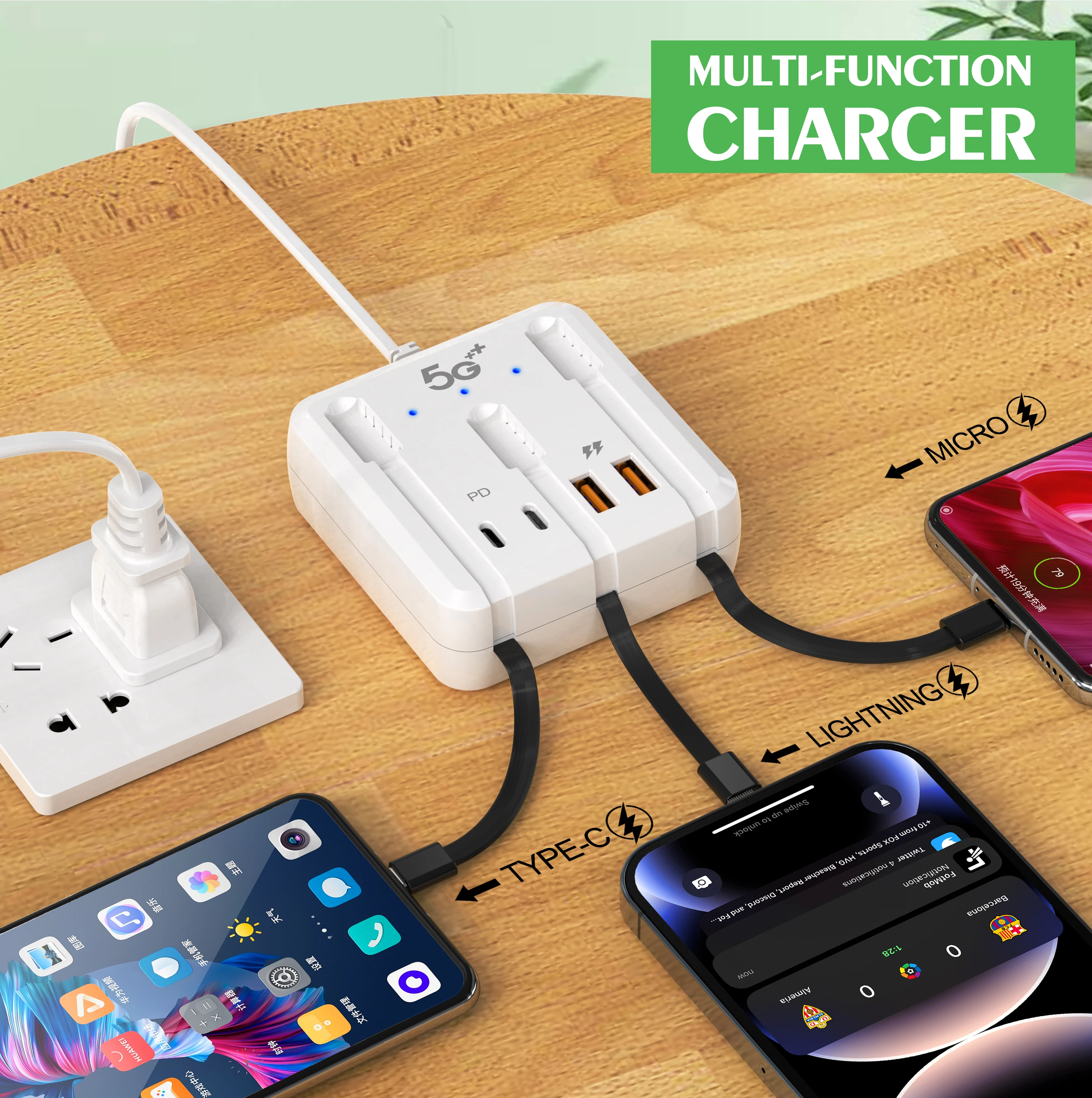 Cargador USB tipo C de 120W, dispositivo de carga rápida, 4 puertos, multifunción, para escritorio, para iPhone, Xiaomi, Samsung y Huawei - imagen 2