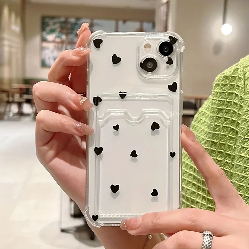 Funda de teléfono transparente suave con diseño de corazón de amor negro para iPhone 16 15 14 13 12 11 Pro Max XS X 7 8 Plus SE 2022 funda tipo billetera para tarjetas - imagen 4