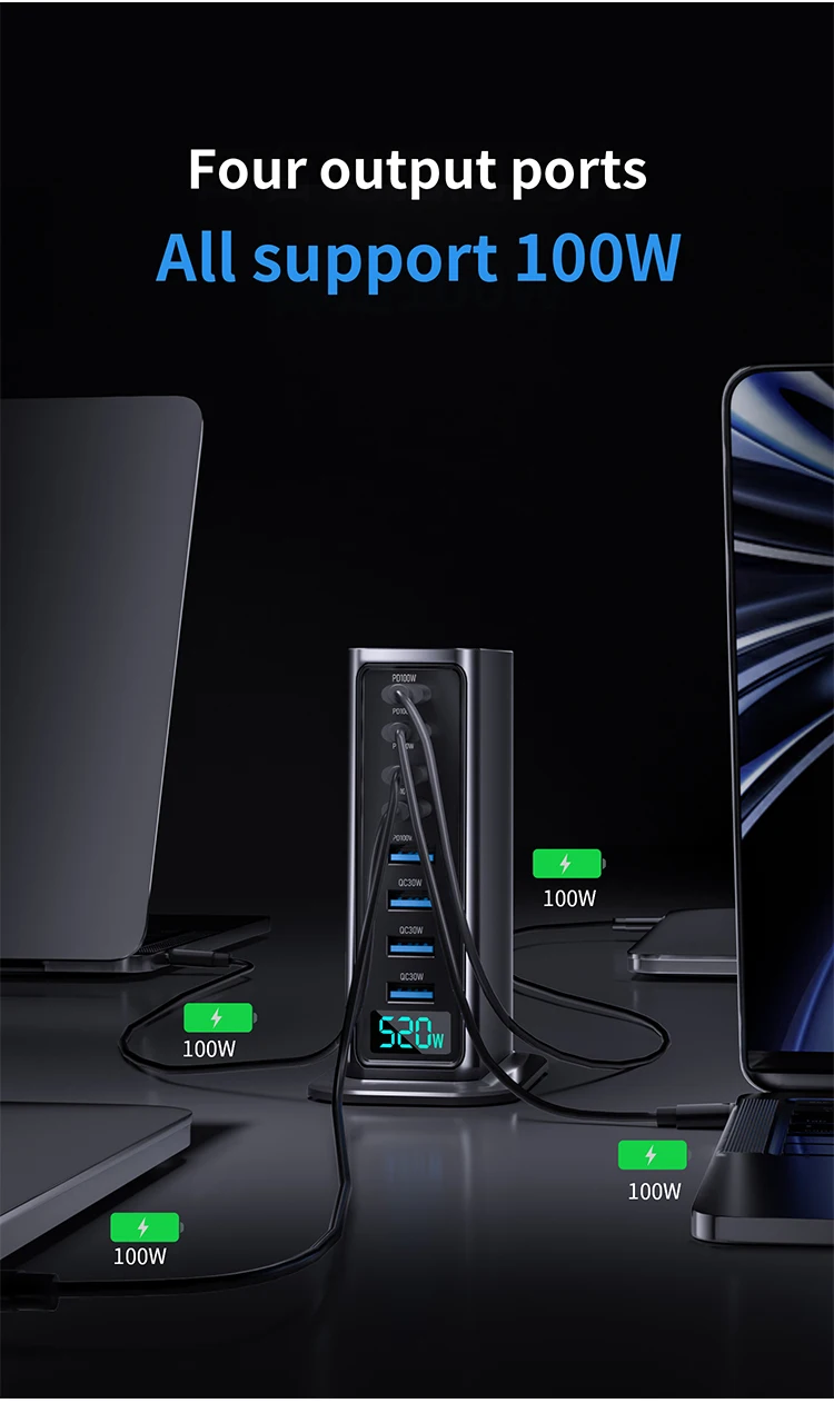Nuevo cargador de escritorio 520W GaN 8 puertos 4 USB C 4 USB-A PD 100W cargador rápido Hub USB tipo C estación de carga de energía para teléfono móvil - imagen 5