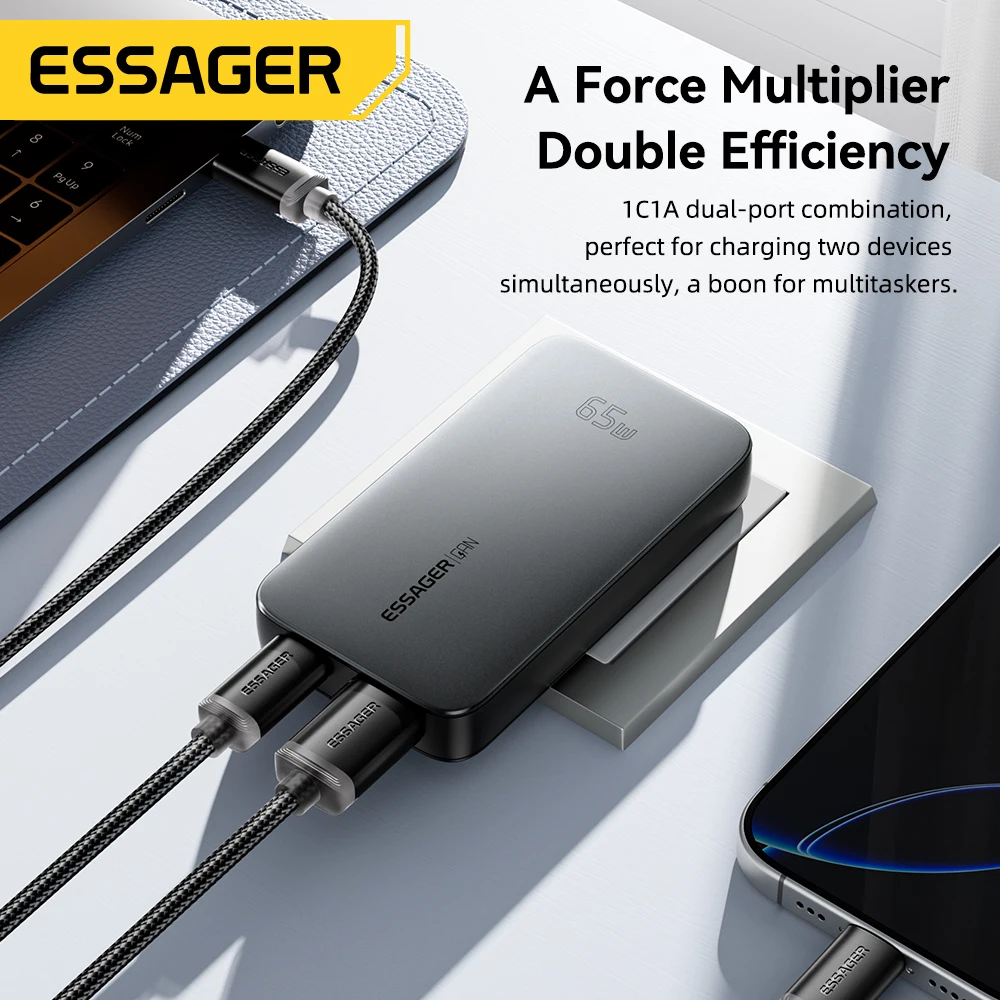 Essager 65W GaN Charger Ultra Thin Quick Charge 4.0 PD3.0 PPS Portable USB Type C Charger For Macbook Laptop iPhone 16 15 14 13 - imagen 3