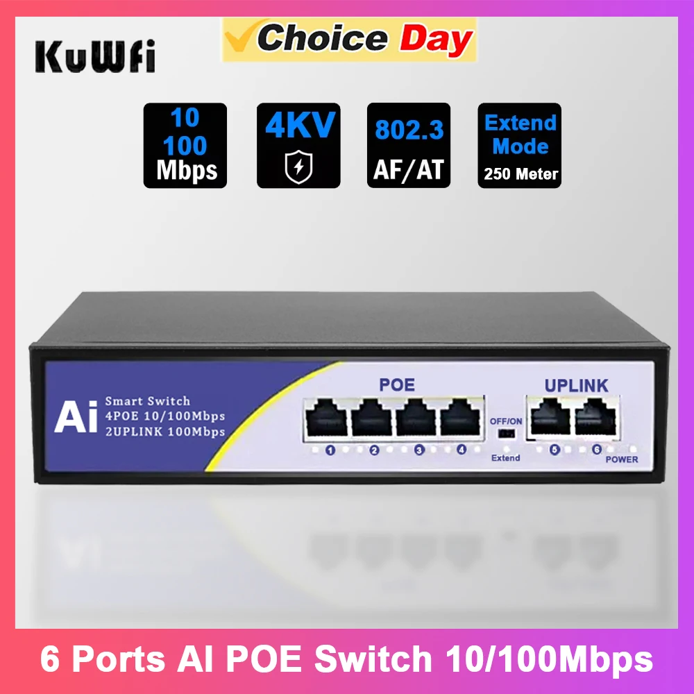KuWFi-conmutador AI POE de 6 puertos, 4 puertos, 48V, puerto POE, 2 puertos UpLink, 100M, conmutador Ethernet Plug & Play para cámara IP, compatible con modo de extensión