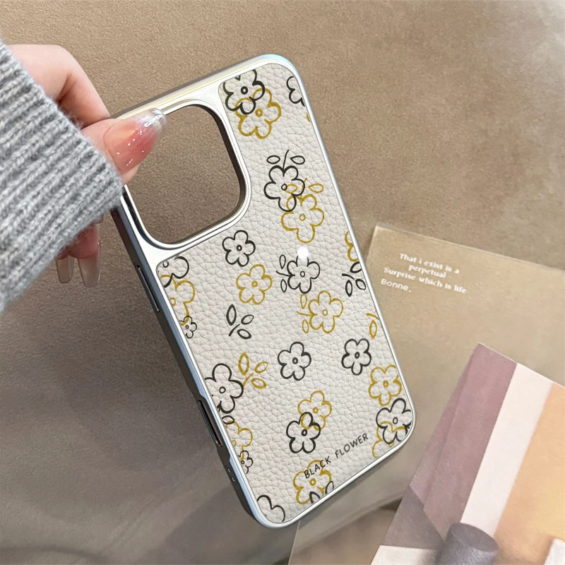 Funda de teléfono con textura de cuero y flores negras ins para iPhone11/12/13/14/15/16/20 Pro Max AIR PLUS - imagen 5