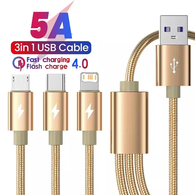 Cable USB de carga súper rápida 3 en 1 para iPhone 14 Samsung Huawei Xiaomi Redmi POCO Micro USB tipo C cargador Cable trenzado 1m 2m - imagen 2