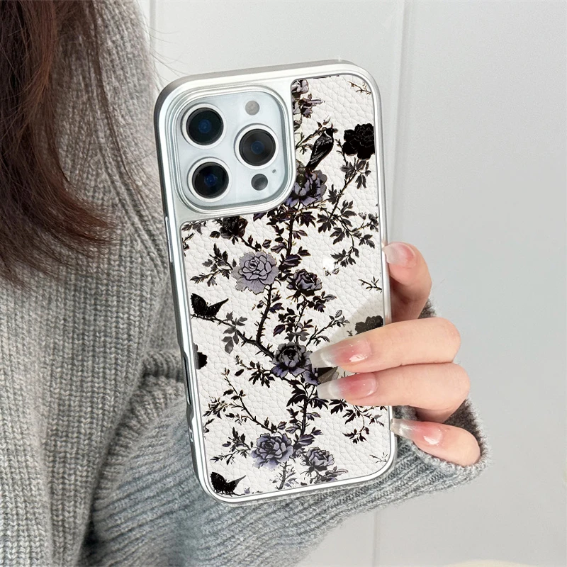 Funda de teléfono con textura de cuero y flores rosas ins para iPhone11/12/13/14/15/16/17 Pro Max AIR PLUS - imagen 4