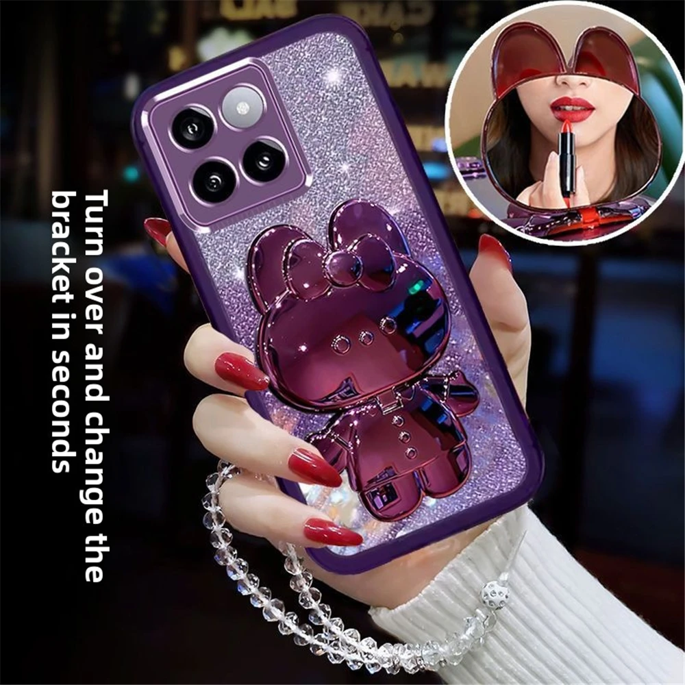 Pulsera de cristal con purpurina, funda con soporte de espejo de conejo para Xiaomi 14T Pro 13T 12T 11T 13 12 Lite 12S 12X, funda de teléfono de silicona suave - imagen 5