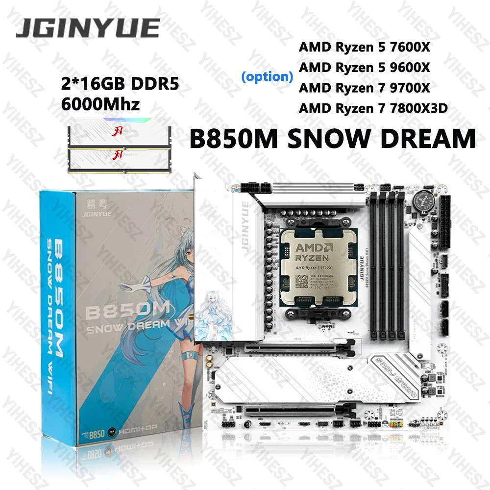 Placa base JGINYUE B850M Snow Dream WiFi AM5 para AMD Ryzen 5 9600X AMD Ryzen 7 9700X/7800X3D escritorio DDR5 RAM PCIe5.0x16 BT5.2