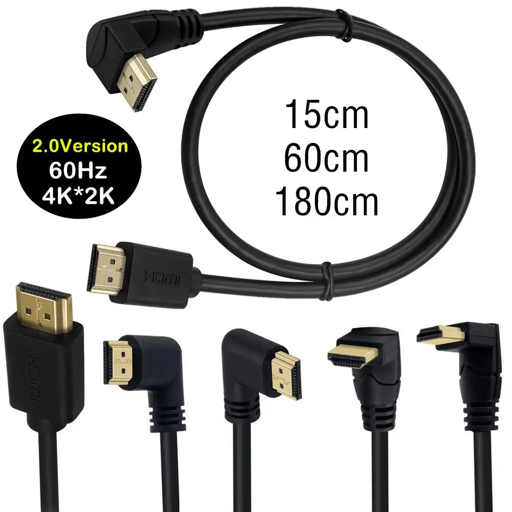 Cable 4K compatible con HDMI 2,0, Cable HDTV de ángulo de 90/270 grados, 15CM, 0,6 M, 1,8 M, 1080P, 3D para TV, PC, proyector, PS3, 4, ordenador Ultra 3D