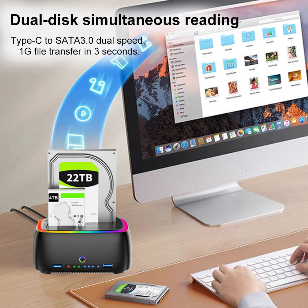 Estación de acoplamiento HDD RGB de doble bahía, adaptador SATA a USB 3,0 para carcasa de disco duro de 2,5/3,5 pulgadas, carcasa de disco duro clon sin conexión con un clic - imagen 3