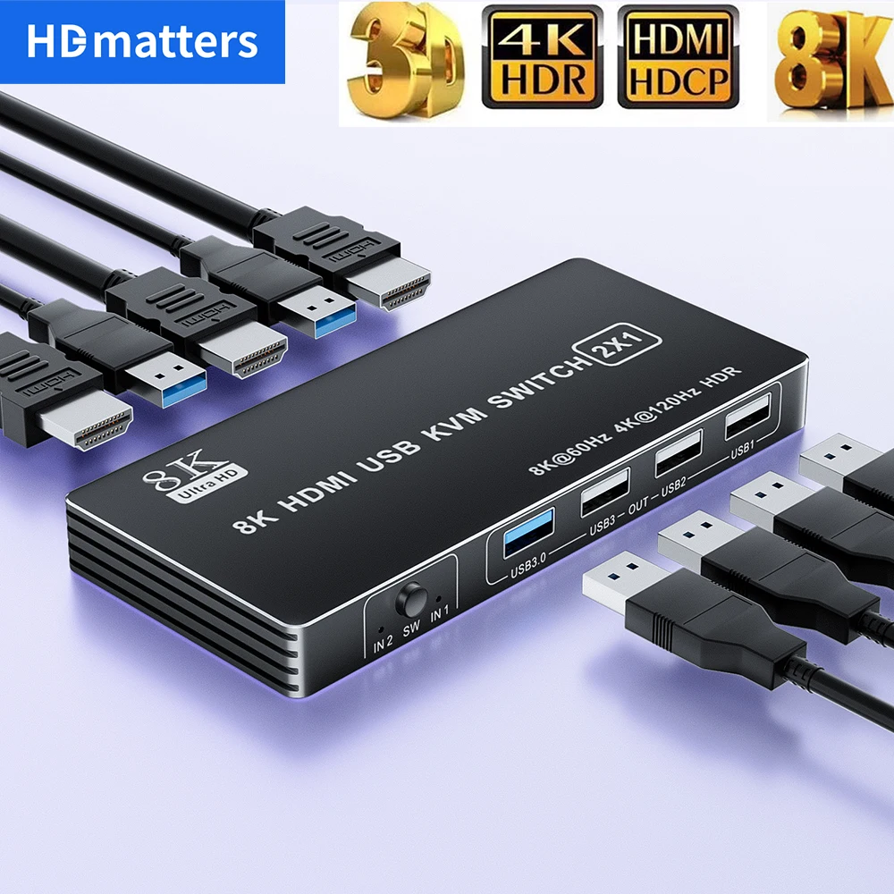 Conmutador KVM HDMI 4K 120Hz con USB 3,0 puerto Dual 8K HDMI 2,1 USB KVM conmutador Hub Box HDMI 2,1 conmutador para PC portátil HDMI USB