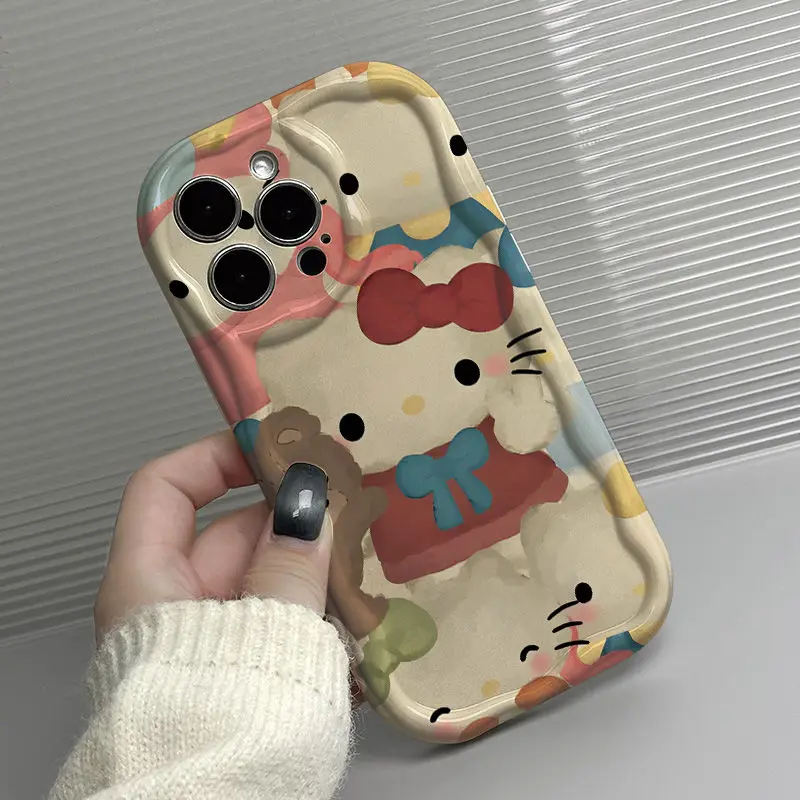 Funda de teléfono bonita de Hello Kitty para iPhone 16 15 14 13 12 11 Pro Max Mini X XR XSMAX 8 7 6S Plus 3D Wave suave TPU contraportada