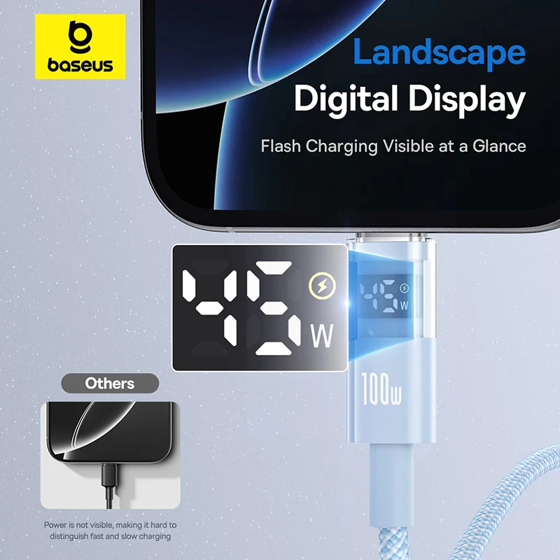 Baseus 100W Cable USB C pantalla LED para iPhone 17 16 15 Pro Max Cable USB tipo C para Macbook pro Cable de carga rápida para Xiaomi - imagen 4