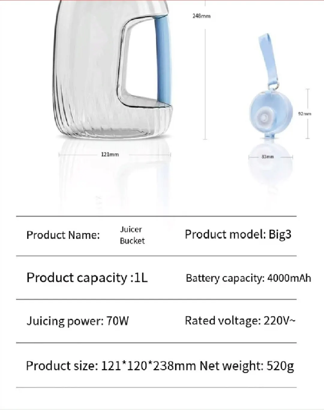 Batidora portátil de 8 cuchillas, licuadora grande, exprimidor de 1000ml, máquina eléctrica portátil, mezclador de jugo fresco - imagen 5