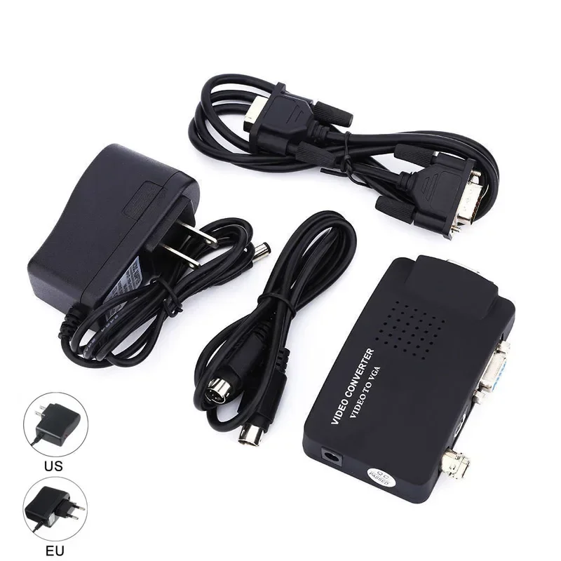 Cámara CCTV DVD DVR compuesto S-VIDEO BNC a VGA vídeo ordenador PC Monitor convertidor adaptador caja de interruptor con cargador de corriente alterna
