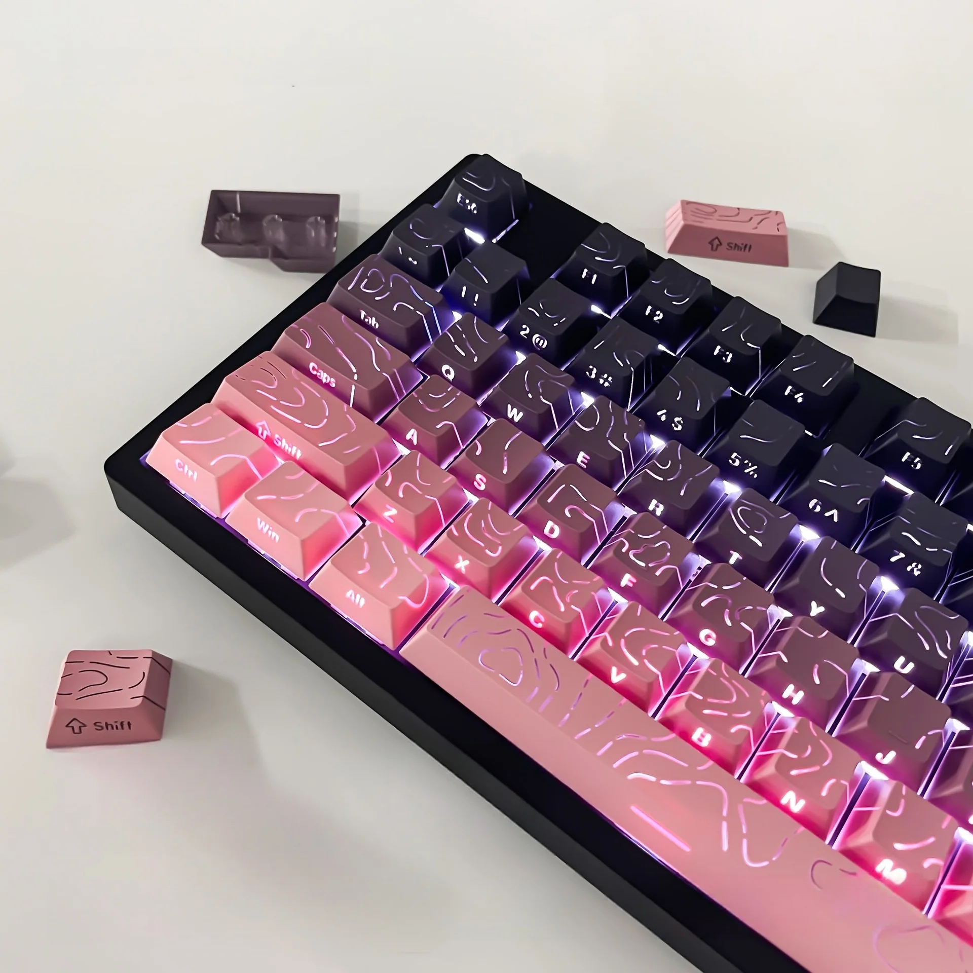 Teclas topográficas con brillo degradado, teclas de doble disparo PBT con estampado lateral, teclas Cherry 130 para interruptores MX, teclados para juegos - imagen 3