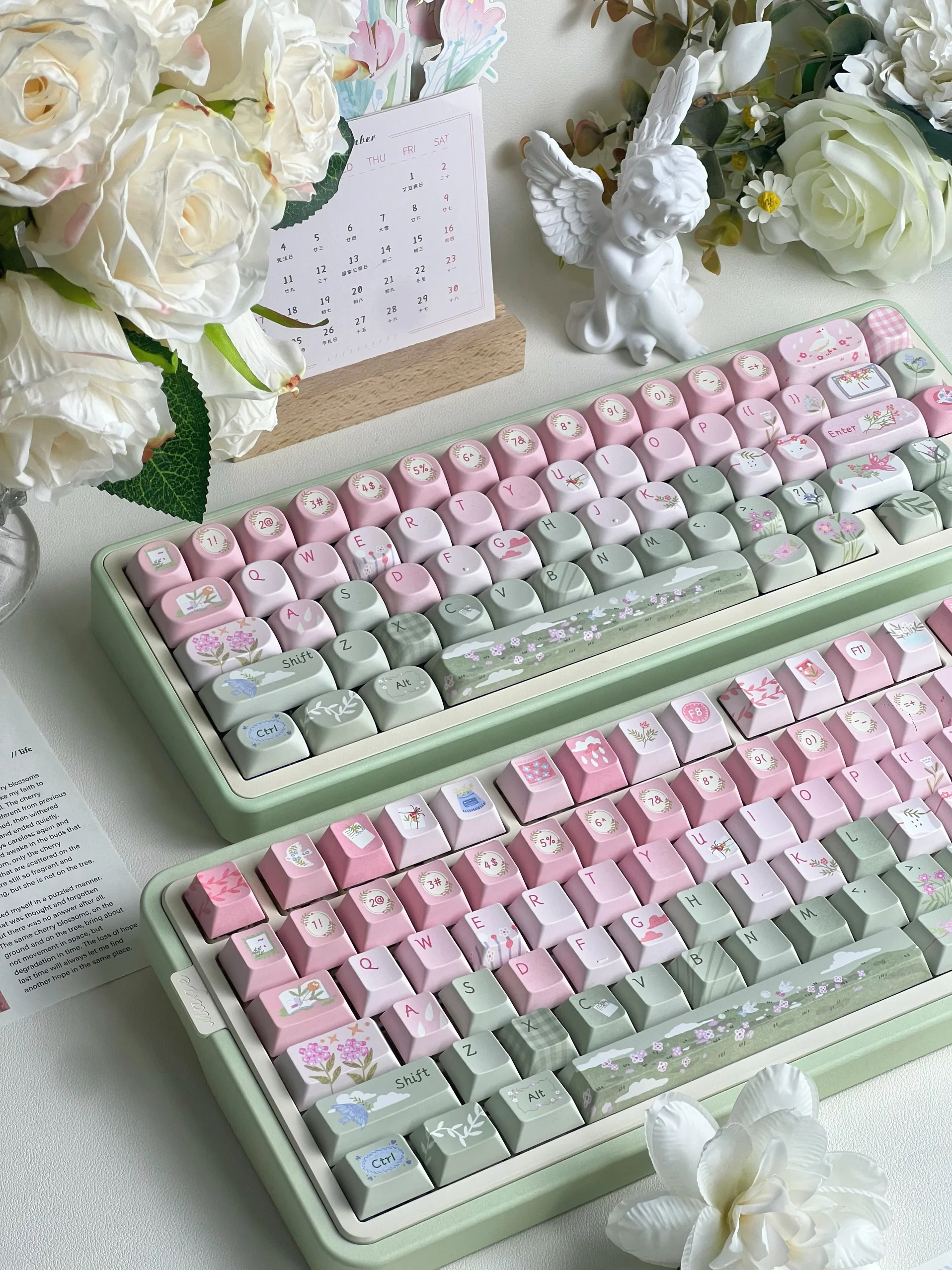 Kasuga Story Keycaps Original Rosa Verde Lindo Tema Cherry Soa Pbt Pink Green Gradient Keycaps - imagen 4