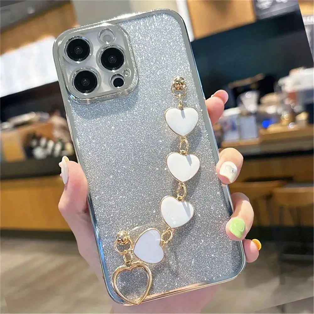 Funda de teléfono con pulsera de corazón de amor chapado con purpurina de lujo para Samsung Galaxy M55 M54 M34 M14 M53 M52 M51 M23 M33 M21 M31 F15 - imagen 2