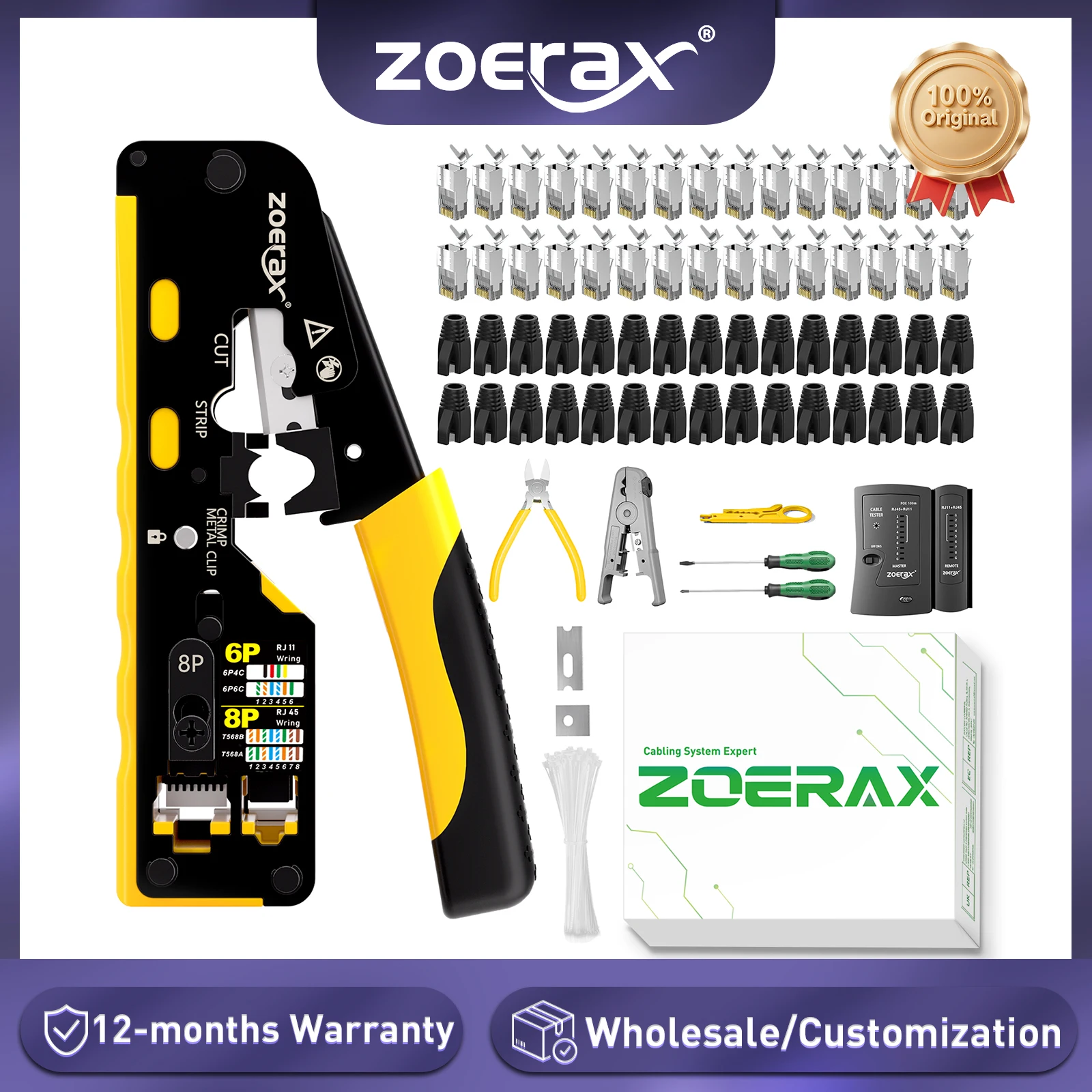 ZoeRax RJ45 Kit de herramientas de engarzado de red probador de herramientas de engarzado, cortador de cables, conectores y botas Cat7/6A, bridas para cables y destornilladores