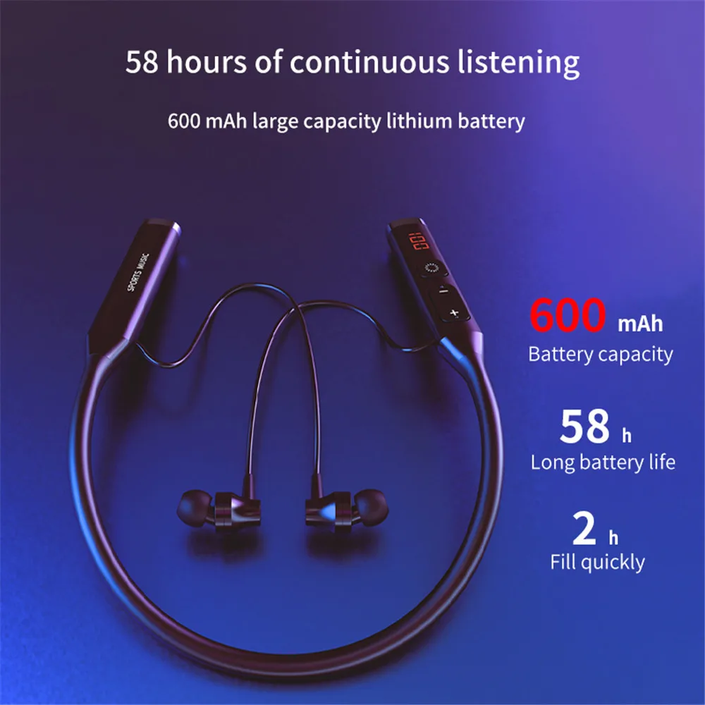Auriculares inalámbricos Bluetooth 5,0, auriculares estéreo HiFi 9D para colgar en el cuello, auriculares deportivos compatibles con Bluetooth, tarjeta TF, reproducción de Audio FM - imagen 2