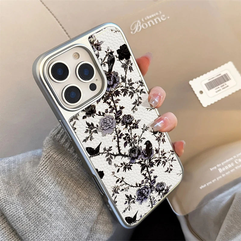 Funda de teléfono con textura de cuero y flores rosas ins para iPhone11/12/13/14/15/16/17 Pro Max AIR PLUS - imagen 2