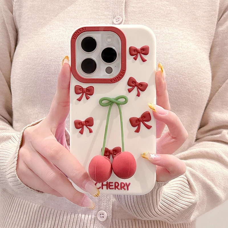 Funda de teléfono de silicona suave Ins 3D Cherry para iPhone Air 13 14 15 16 17 Pro Max, bonita carcasa trasera a prueba de golpes - imagen 4