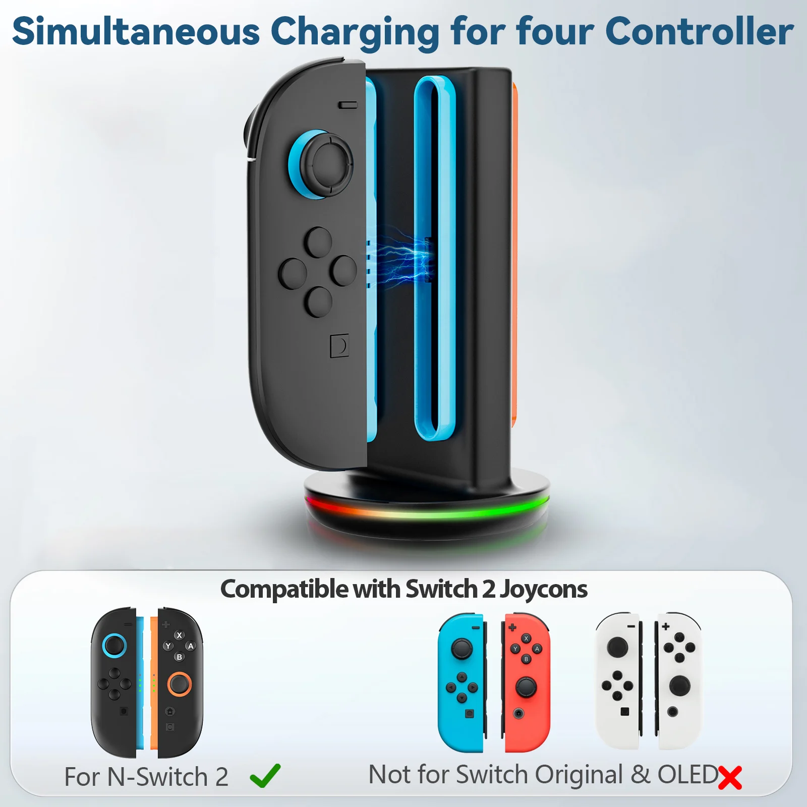 Cargador de controlador Switch 2 para Joy-pad 2 base de carga con 9 modos de luz para estación de carga Switch 2 para N-S 2 con cable USB - imagen 4