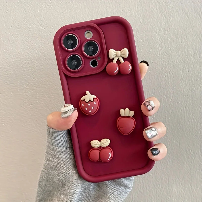 Funda de teléfono coreana encantadora 3D fresa roja cereza para iPhone 17 16 15 14 13 12 11 Pro Max 16E 17Air X XR XS 7 8 Plus funda suave
