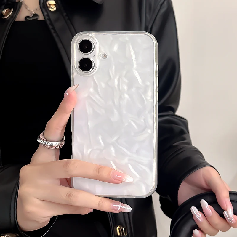 Funda trasera suave con textura doblada de color blanco perla Ins para iPhone 11 12 13 14 15 16 Pro Max 16 Plus