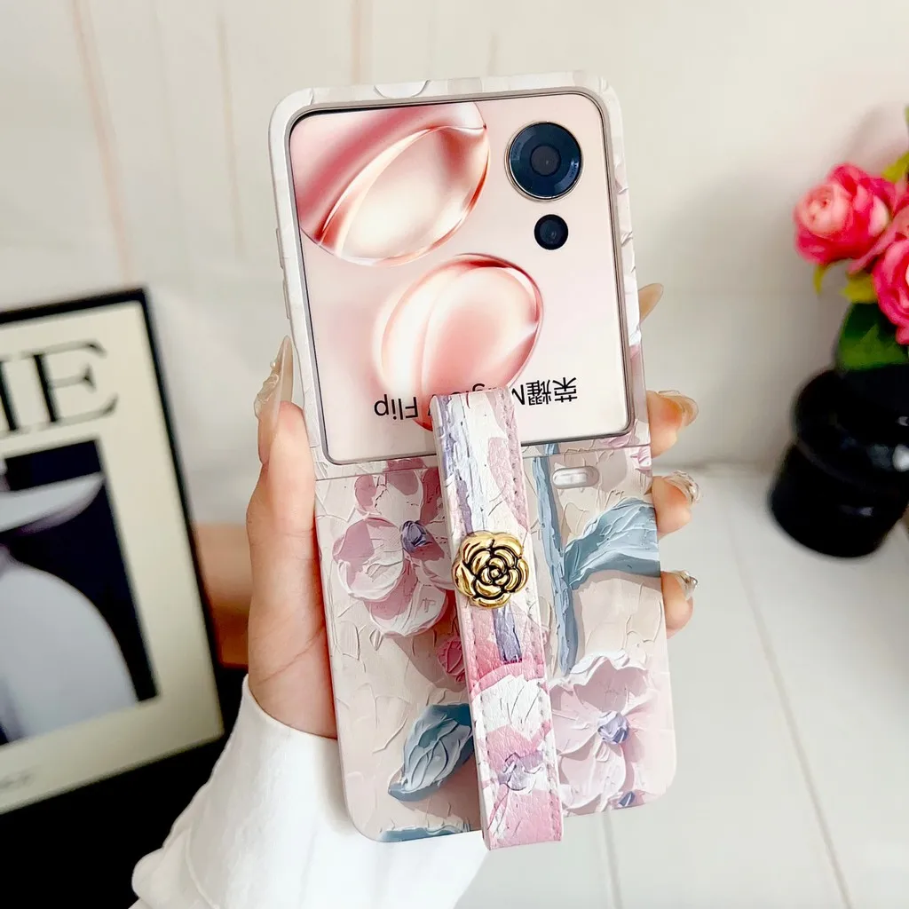Con cordón para Honor Magic V Flip 5G relieve acuarela flores duro PC funda de teléfono a prueba de golpes