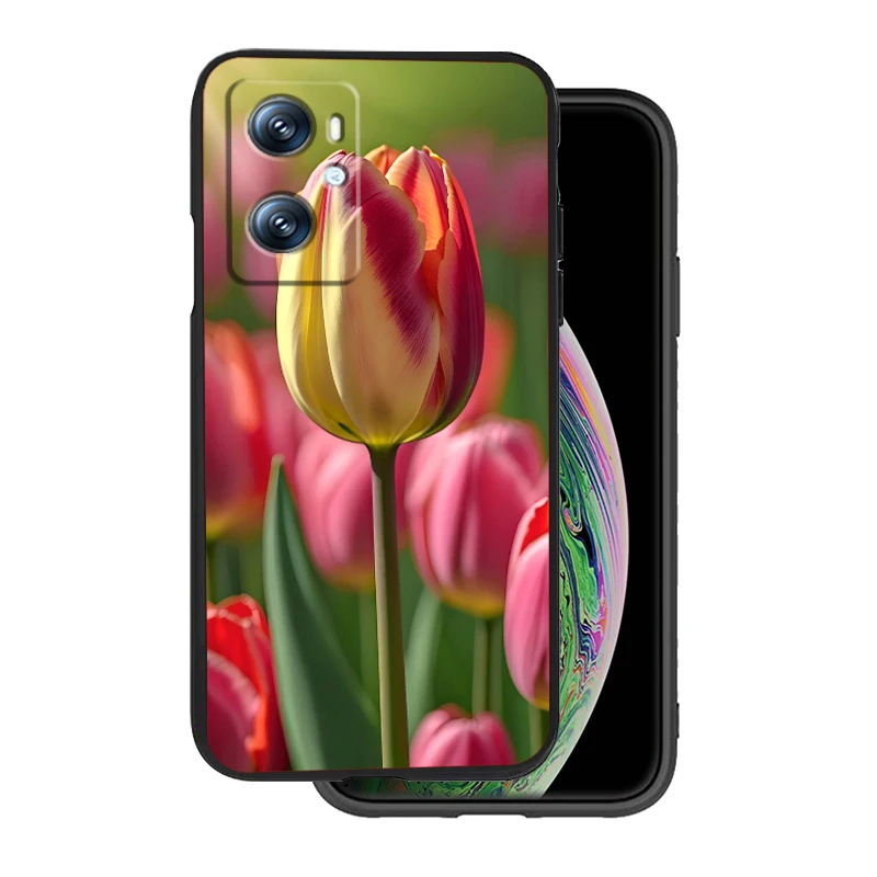 Tulipanes girasol Rosa flor para OPPO Find X5 X3 X6 A54S A5 A94 A16 A53S A57 A74 A72 A98 A78 A96 A9 5G, funda negra para teléfono - imagen 4