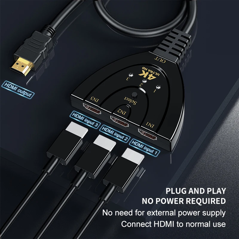 Conmutador de vídeo 3 en 1 para HDTV, divisor 4k, Mini Hub DE 3 puertos, 4K x 2K, indicador para DVD, 4k, HDTV, Xbox, PS3, PS4, adaptador con coleta - imagen 5
