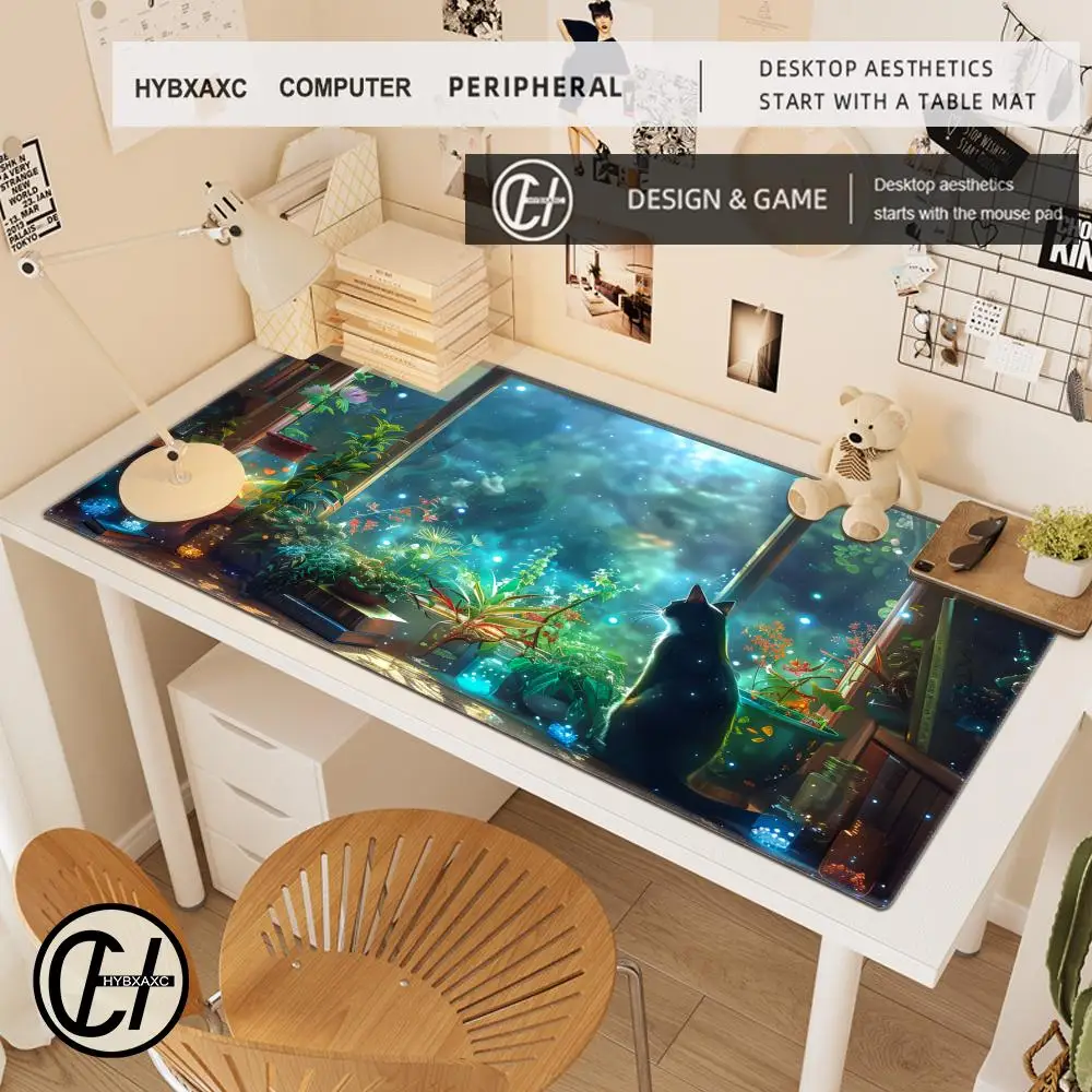Alfombrilla de ratón con diseño de gato negro y plantas verdes para dormitorio, alfombrilla grande para mesa de oficina y ordenador, alfombrilla antideslizante de goma para teclado para juegos - imagen 3